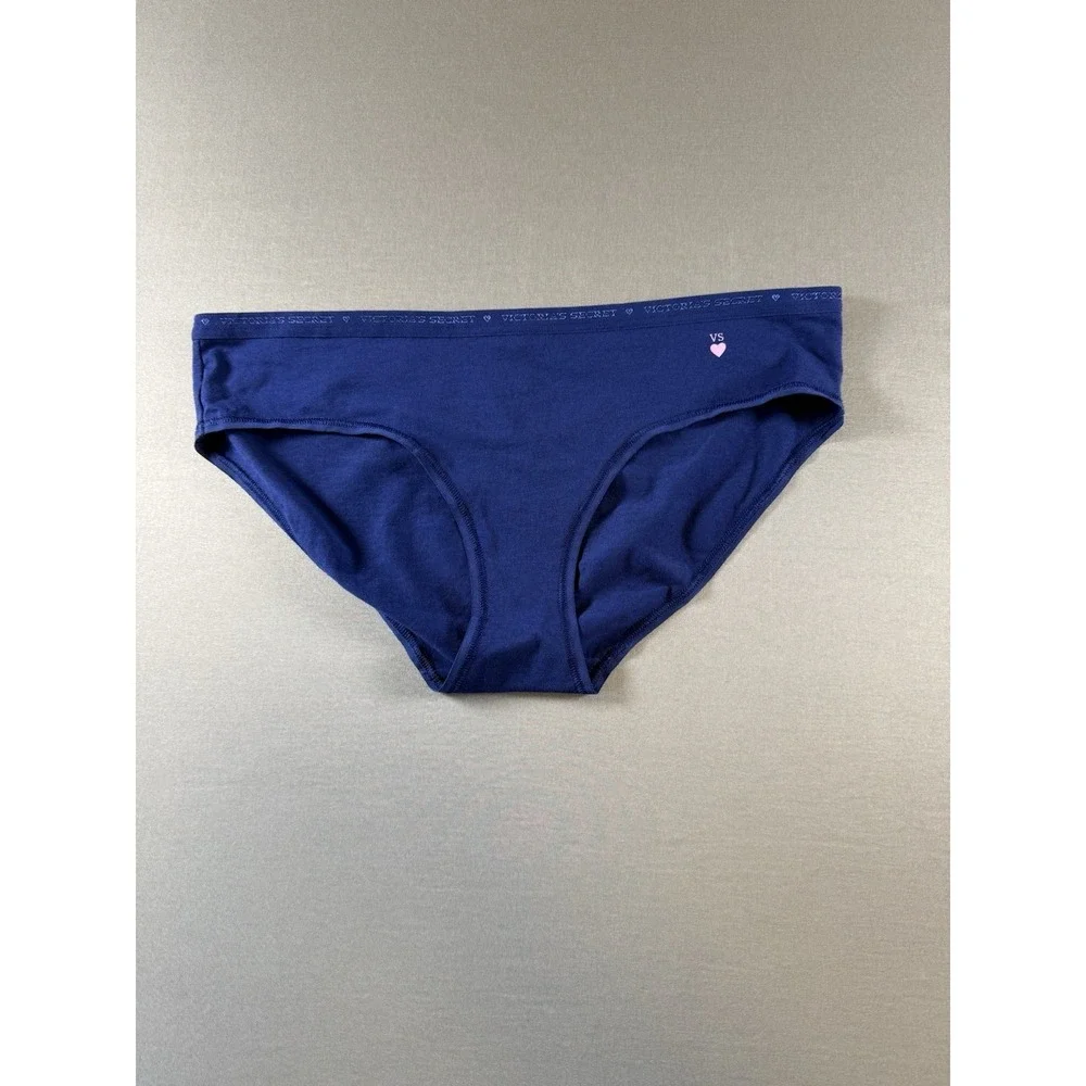 Victoria's Secret VTG 2014 Stretch Hiphugger Cotton Panty Navy Blue Pink Heart L